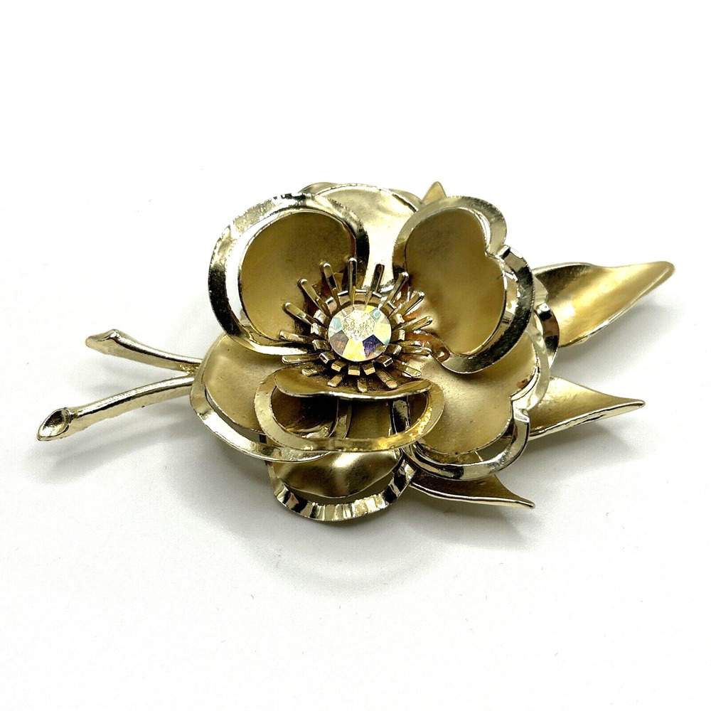 Frosted And Shiny Gold Tone Aurora Borealis Rhinestone Large Flower Brooch Pin